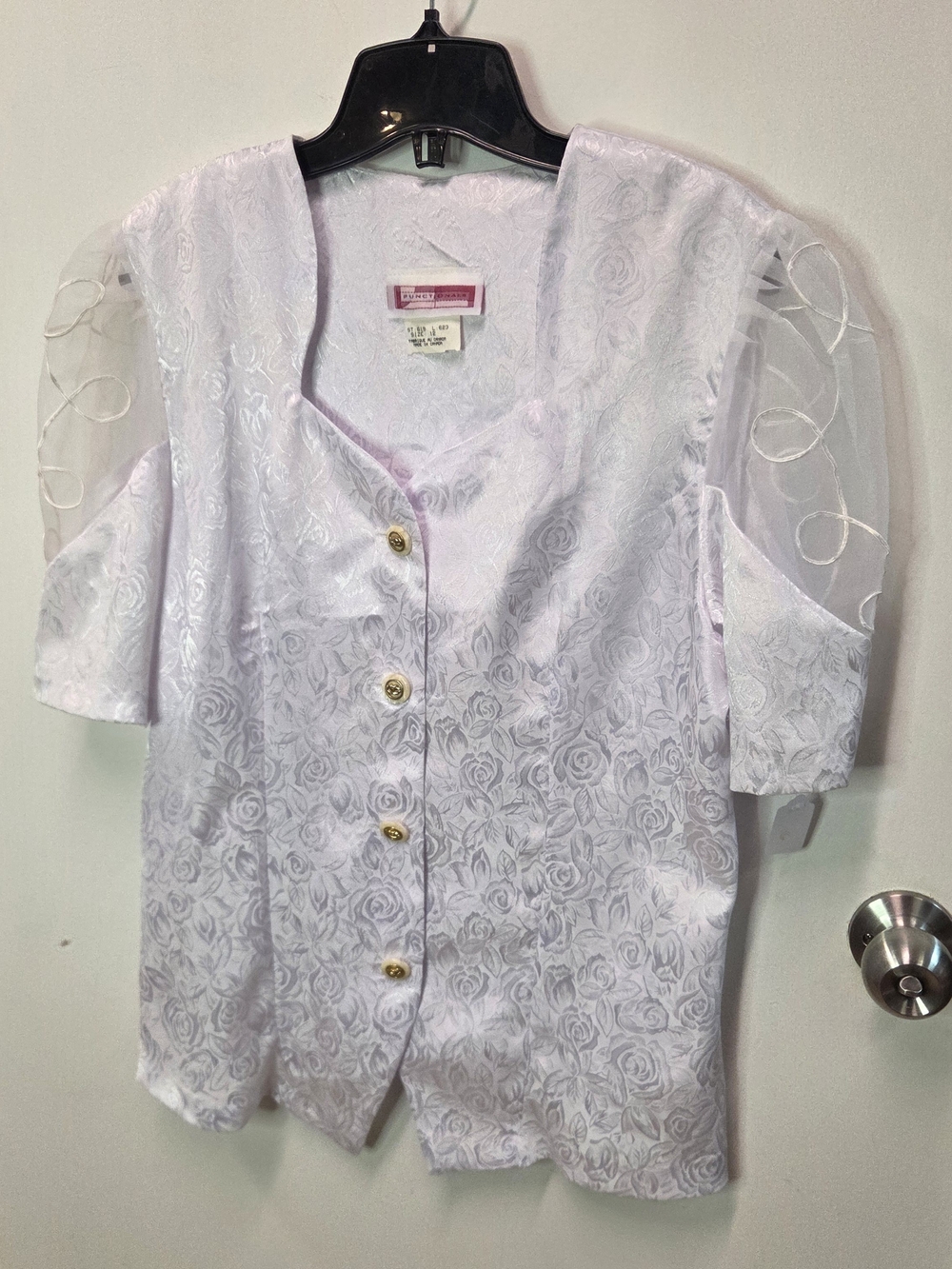 Women's Lilac Rose Jacquard Button-Front Blouse with Sheer Embroidered Sleeves
